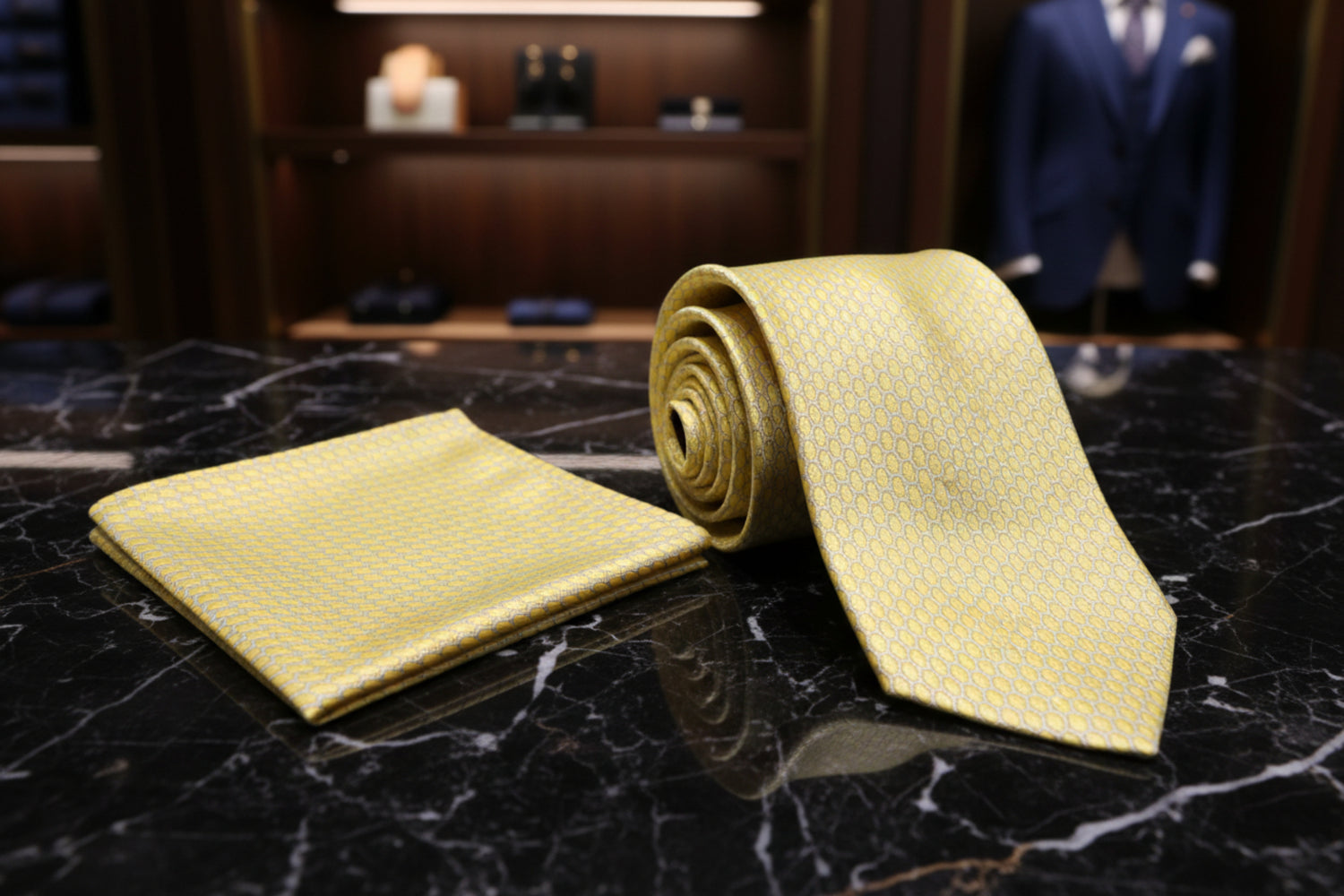 Alt View: A Yellow, White Geometric Oval Shaped Pattern necktie, Matching Pocket Square|