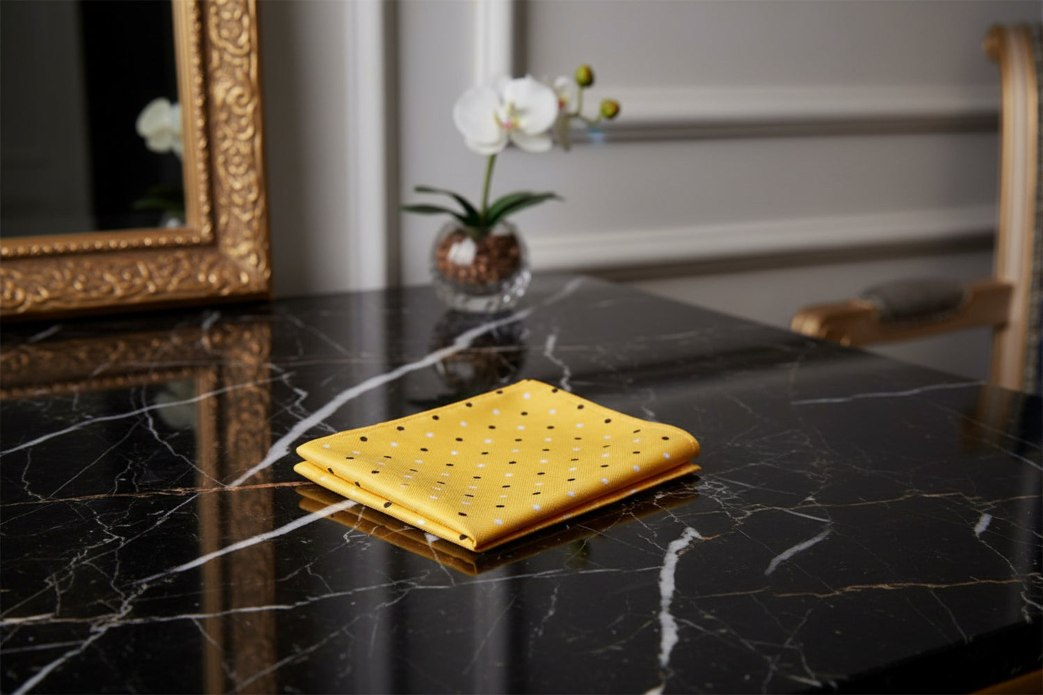 A Yellow, Black Polka Pattern Pocket Square||Yellow with Black, White Dots