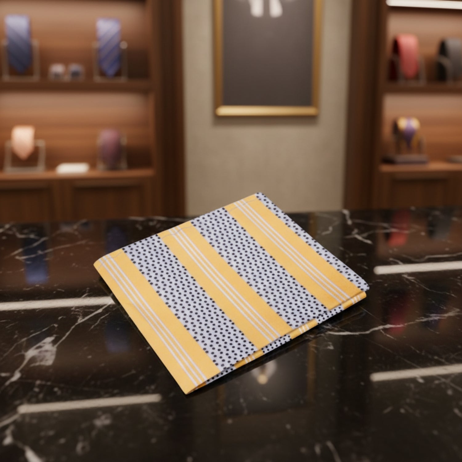 Main View: Sunflower Gold, Black, Off-White Stripe Pocket Square
