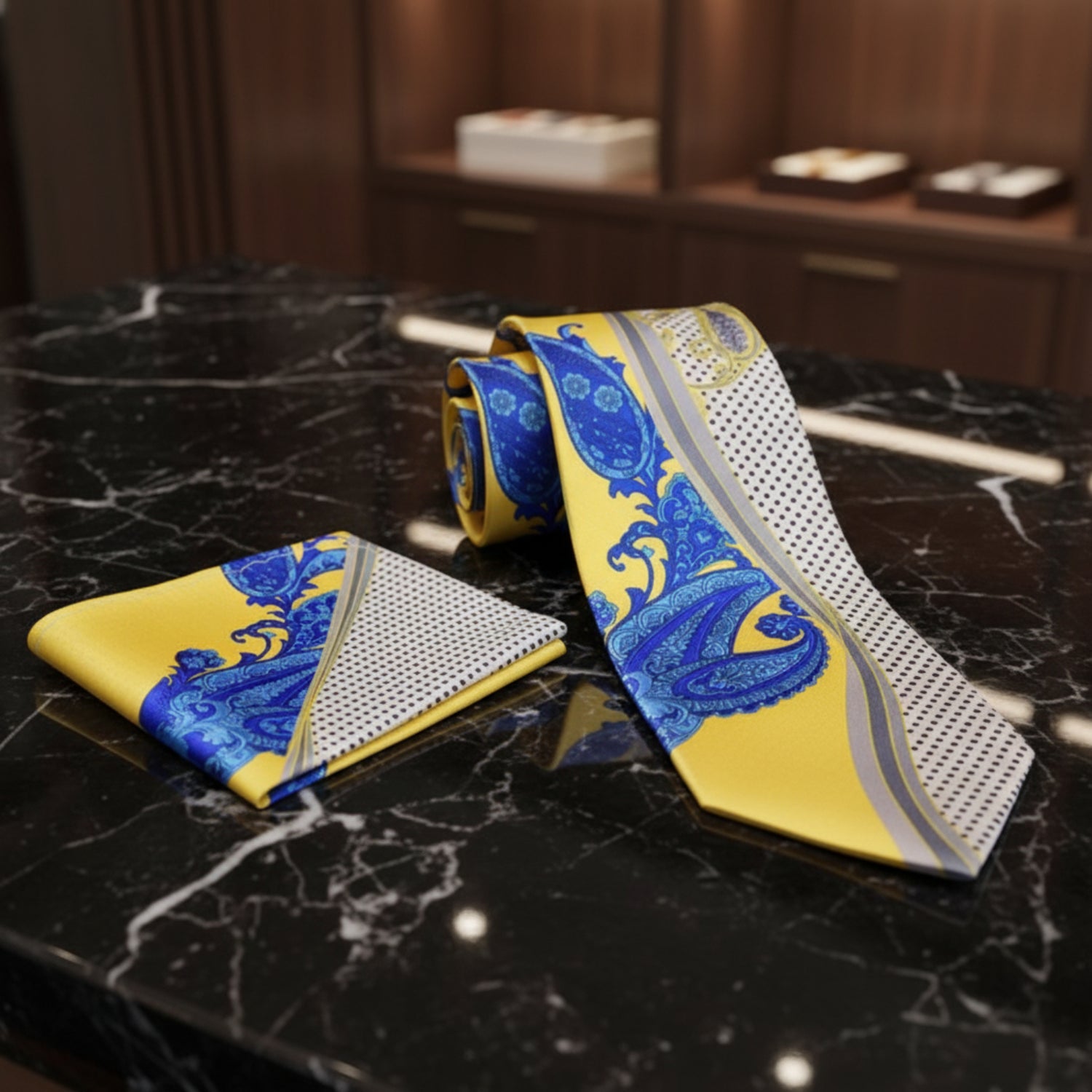 Alt View: Blue, Yellow, Off-white, Black Paisley Tie and square