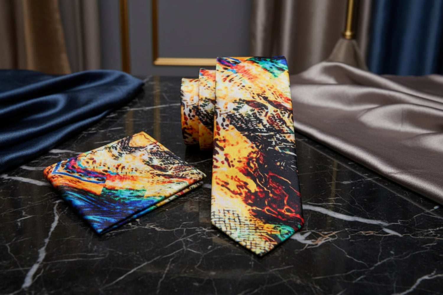 Alt View: Blue, Yellow, Orange, Brown, Green abstract tie and square