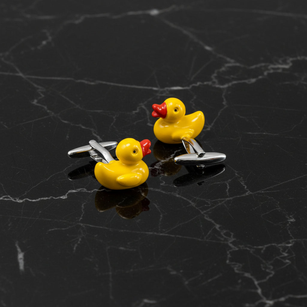Main: A Yellow, Red Colored Rubber Duck Shape Cuff-links
