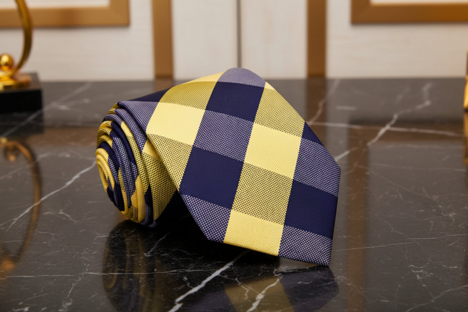 A Navy, Yellow Plaid Pattern Necktie 