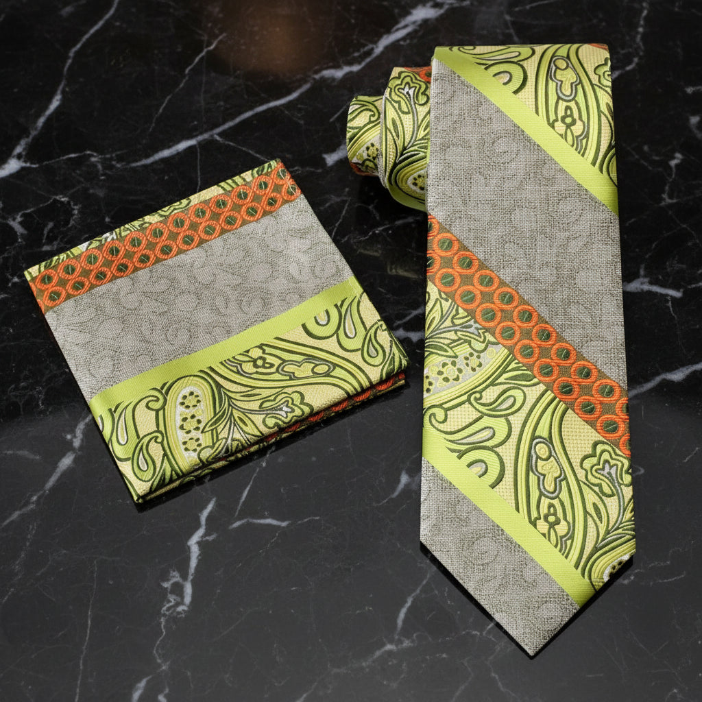 Alt View: Yellow and Orange Abstract Paisley Tie and Pocket Square