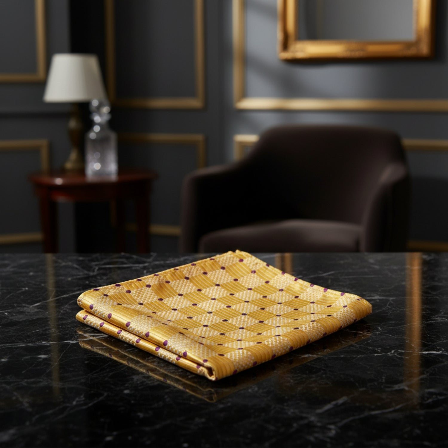 A Yellow, Purple Color Geometric Check with Small Dot Pocket Square