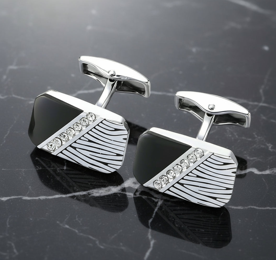 A Black, Chrome Rectangle Shape with Zebra Pattern and Stone Cuff-links