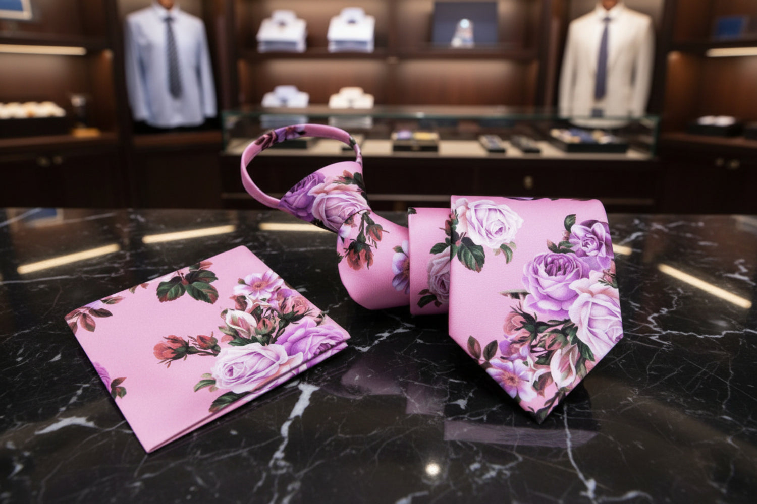Zipper: A Pink, Purple, Burgundy, Mauve Bold Roses With Leaves Pattern Necktie Set, Matching Pocket Square ||Taffy Pink with Soft Purple, Burgundy Mauve Floral