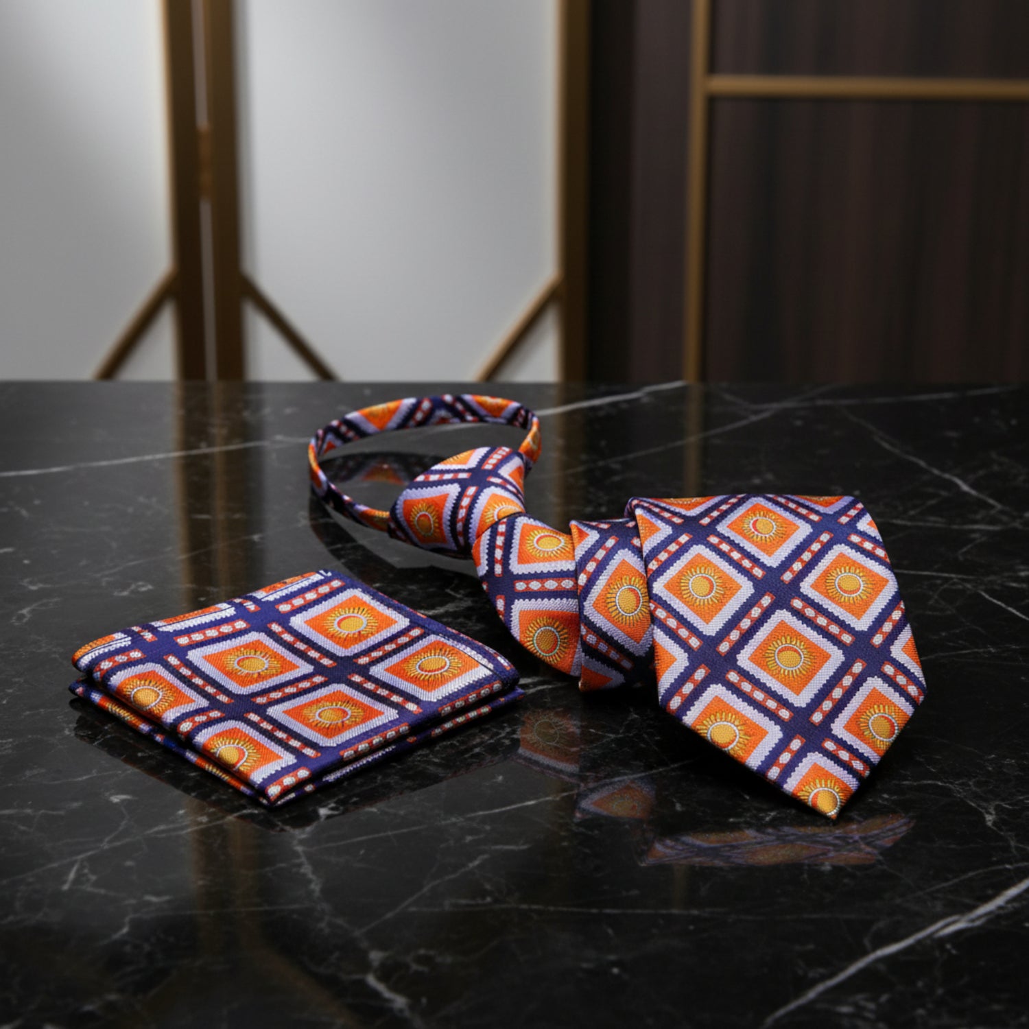 Zipper View: A Dark Blue, Orange Sunburst Design Zipper Zipper Necktie, Matching Pocket Square