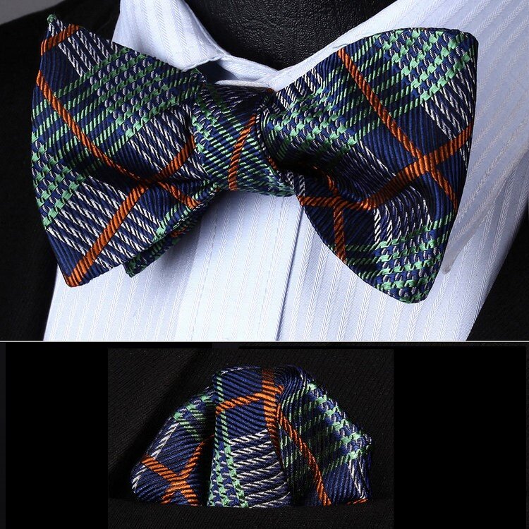 A Green, Blue, Orange Plaid Pattern Self Tie Bow Tie, Matching Pocket Square||Green, Blue, Orange