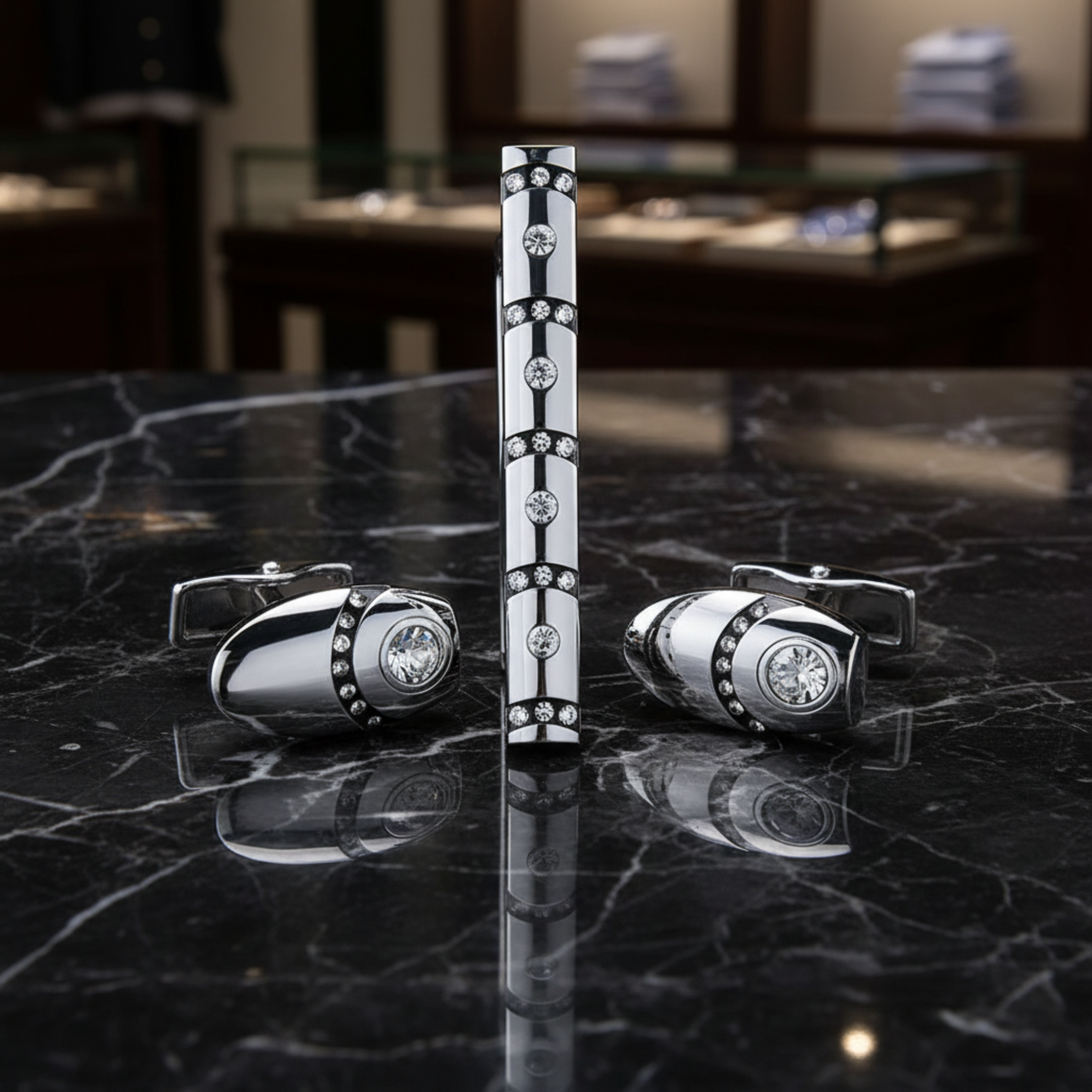 A Chrome, Black, Clear Stone Sphere Shape Tie Bar and Cuff-links