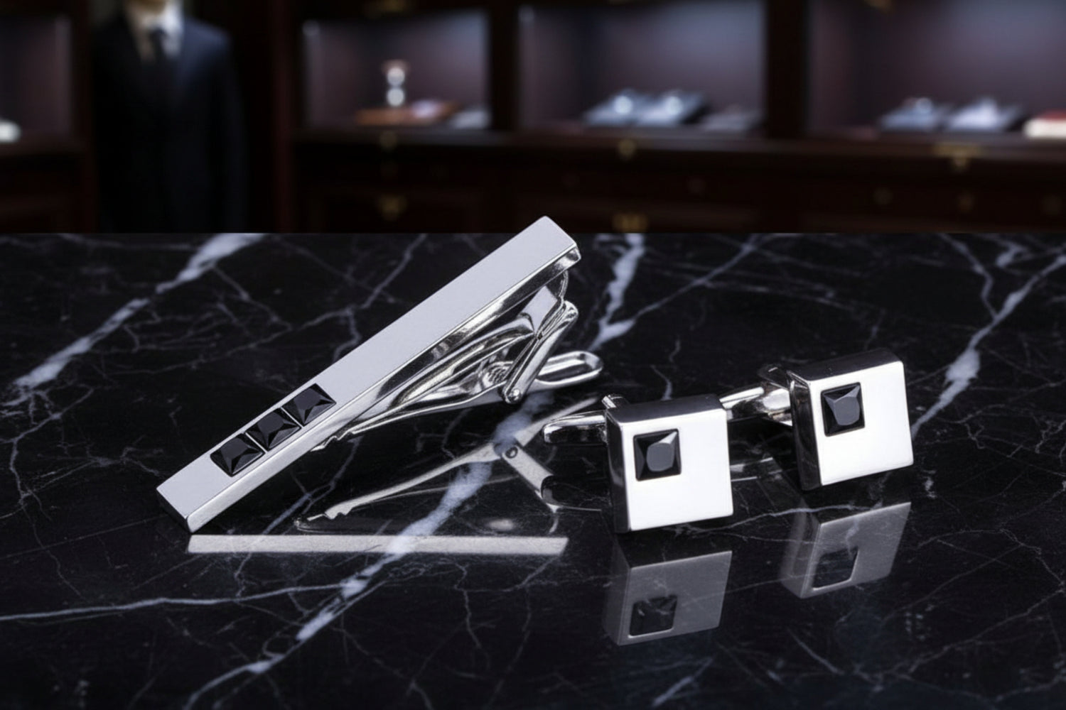 A Chrome, Black Color Rectangle Shape with Small Square Stones Tie Bar and Cuff-links