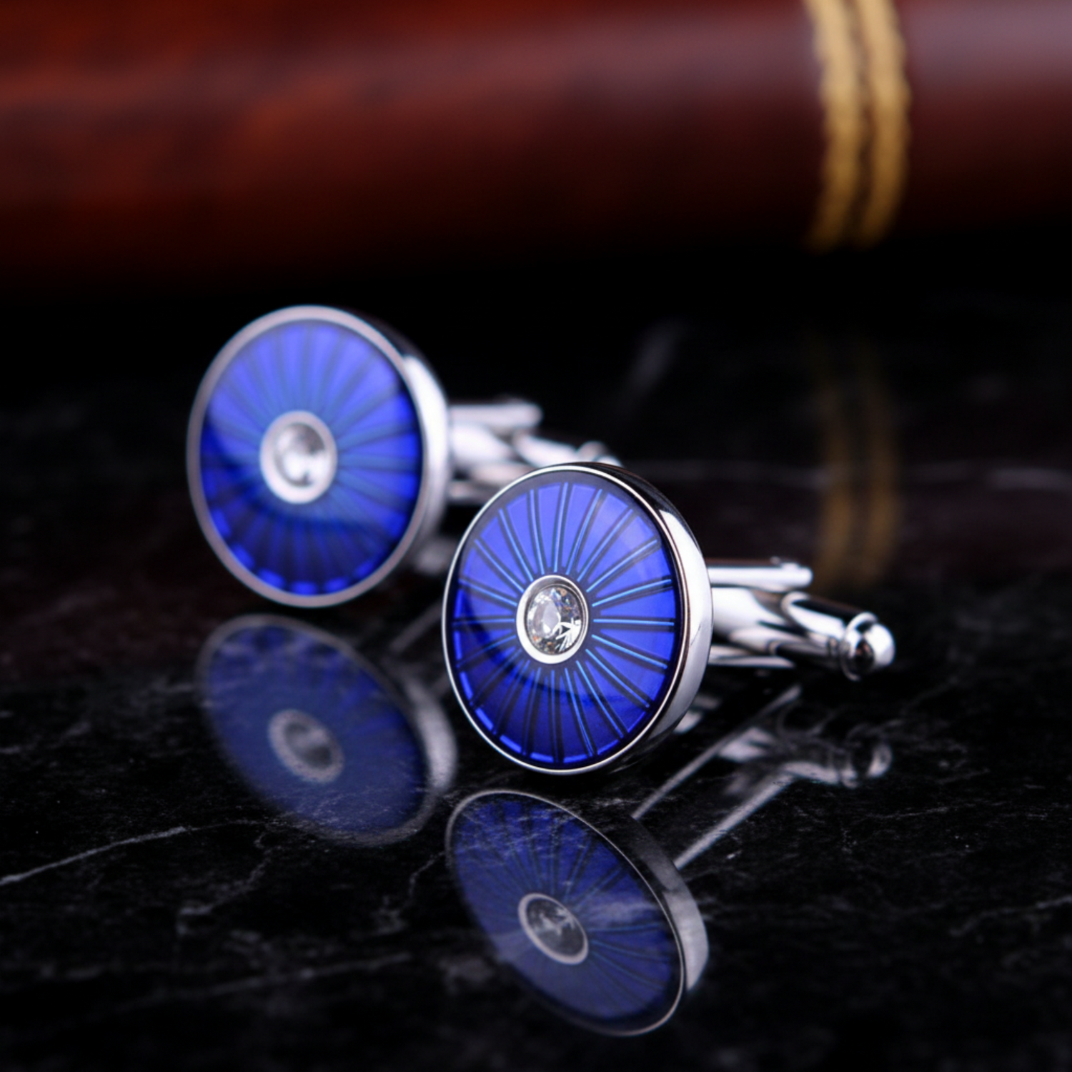 A Blue, Chrome Color Circle Shape Cuff-links.