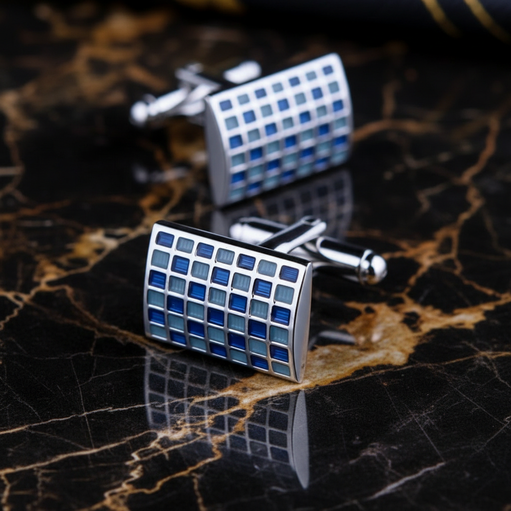 A Rectangle Shape with Check Texture in Blue Color Cuff-links