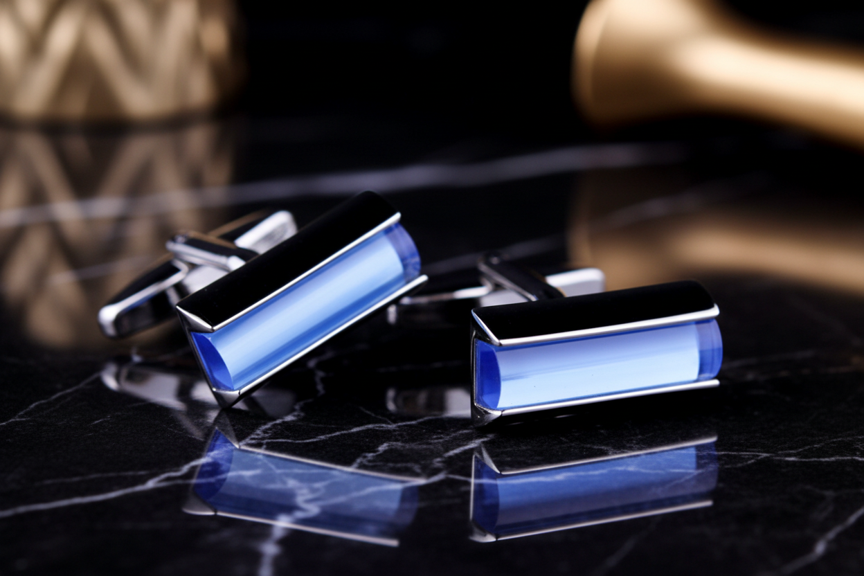 A Blue, Black Colored Slim Rectangle Shape Cuff-links||Blue