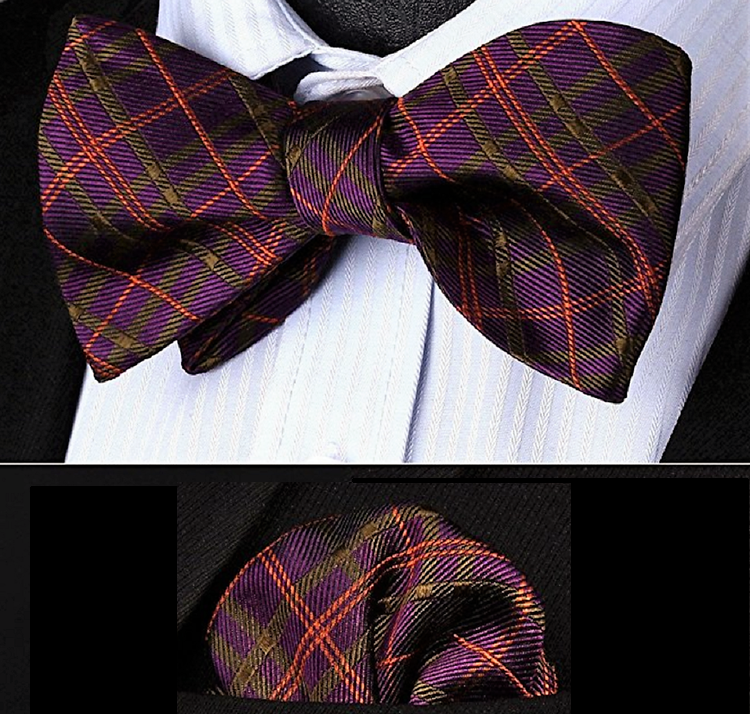 A Burgundy Plaid Pattern Self Tie Bow Tie, Matching Pocket Square||Burgundy, Red