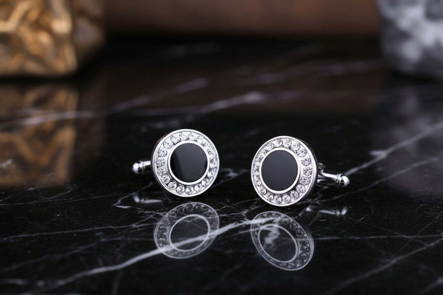A Black, Clear Stone Circular Shaped Pair of Cuff-links