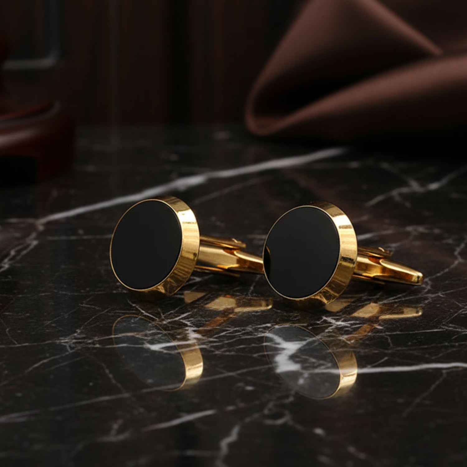 View 2: A Gold with Black Color Circle Shape Cuff-links