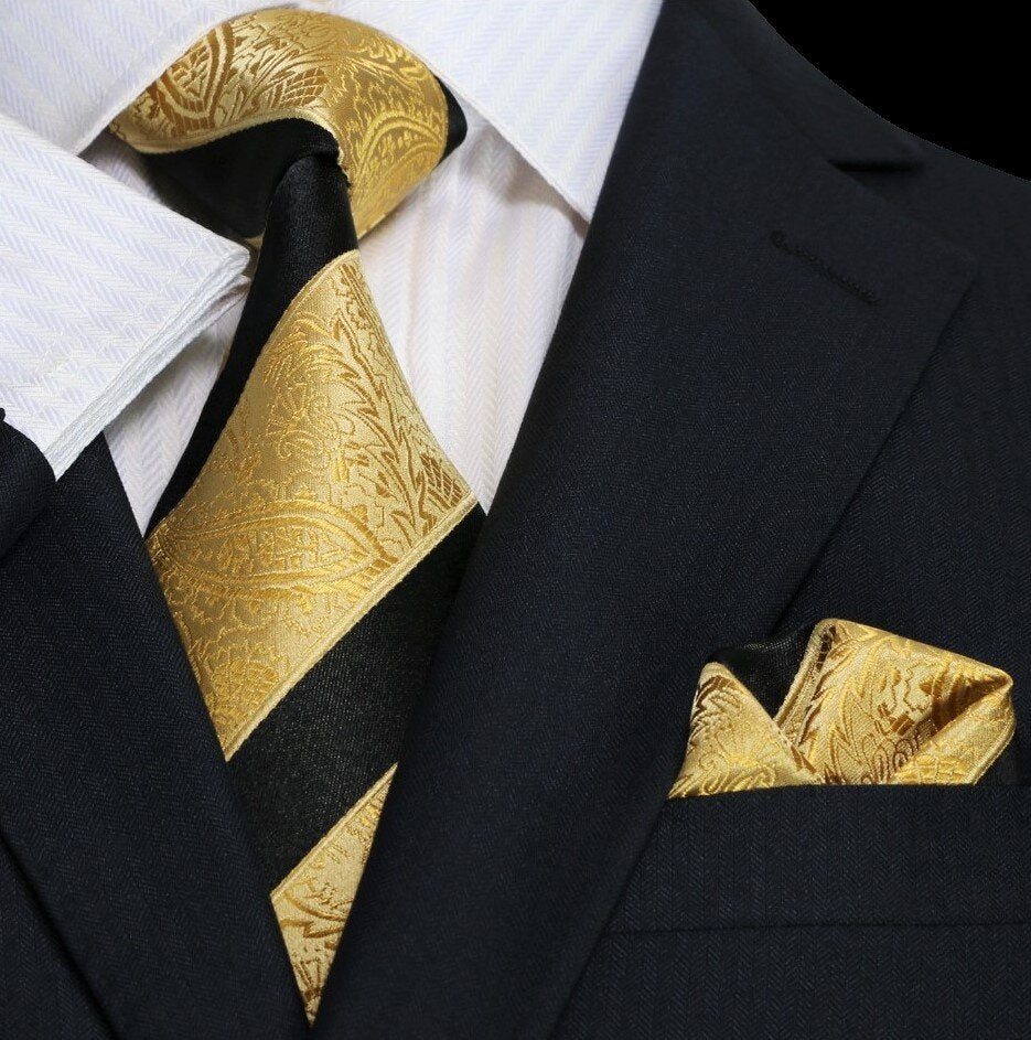 Boys Black Gold Paisley Stripe Necktie for Formal Outfits