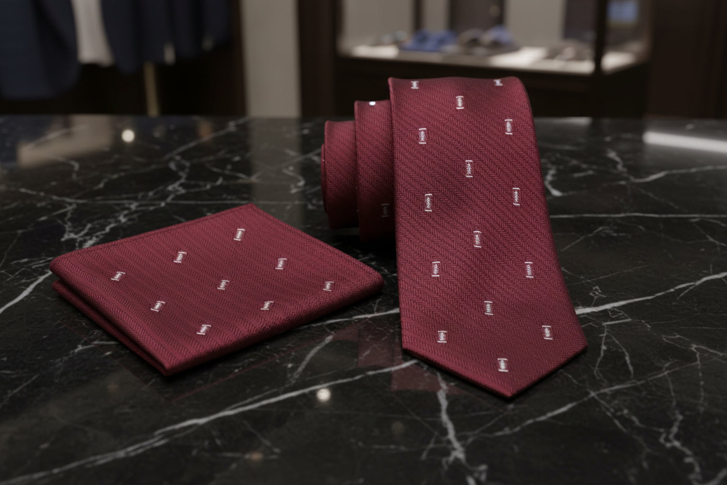 Alt View: Deep Red With Footballs Tie and Pocket Square