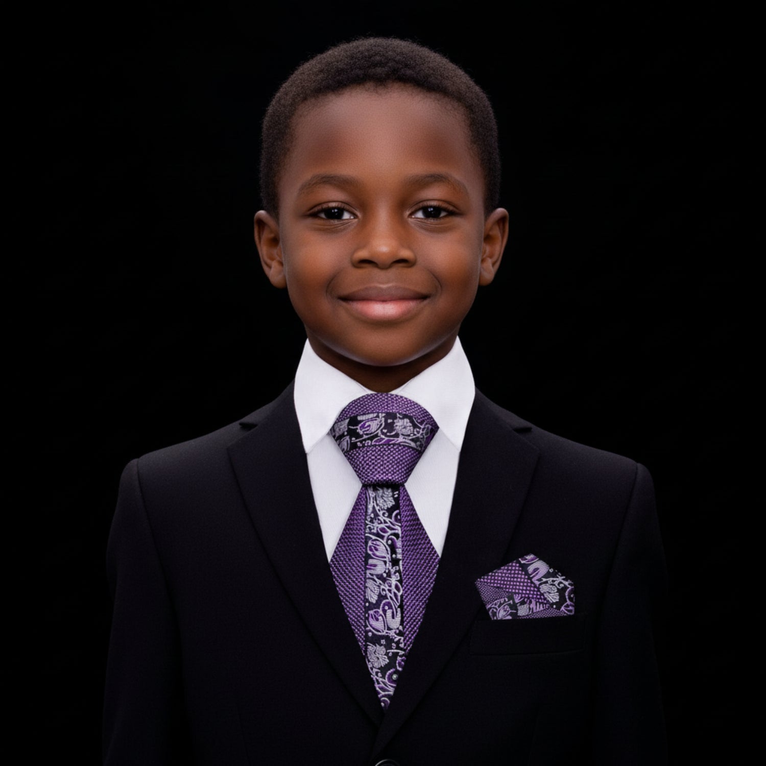 A Metallic Purple, Dark Purple Floral Design In Middle Of Tie And Metallic Check Border Pattern Necktie.