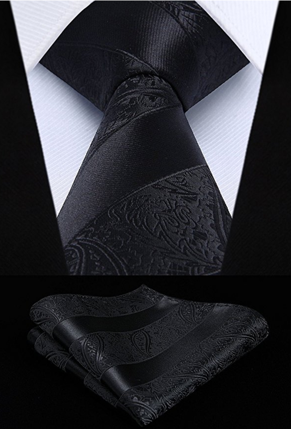 A Black Paisley With Stripe Pattern Silk Necktie, Pocket Square and Cuff-links.