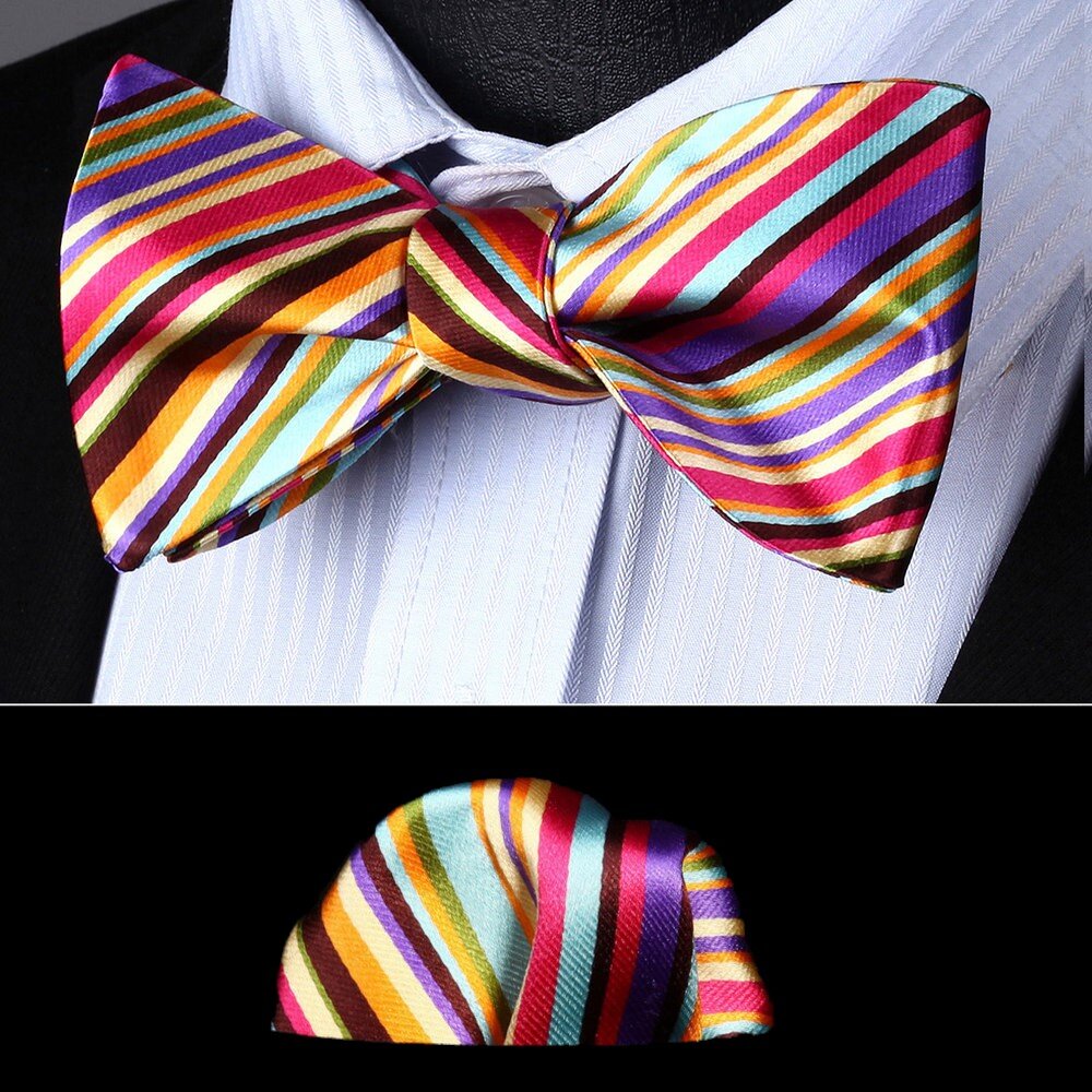 A Dark Yellow, Orange, Red, Blue, Purple, Green Stripe Pattern Self Tie Bow Tie, Matching Pocket Square