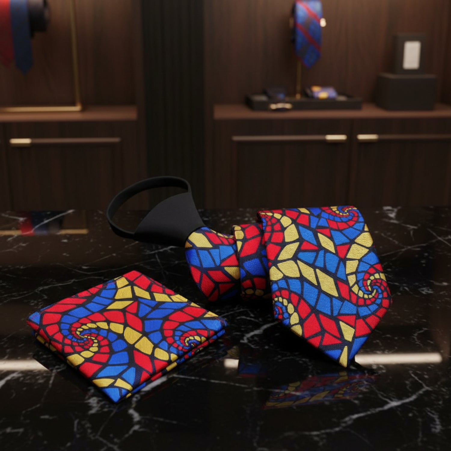 Zipper: A Red, Blue and Yellow Abstract Swirl Pattern Zipper Necktie, Matching Pocket Square