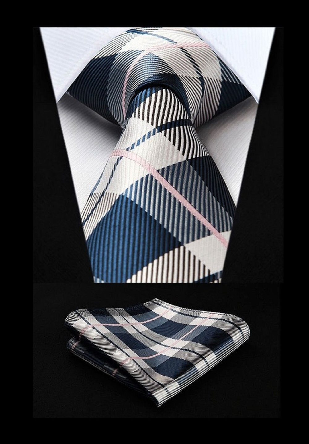 A Navy Blue, Grey, Salmon Plaid Pattern Necktie, With Matching Pocket Square
