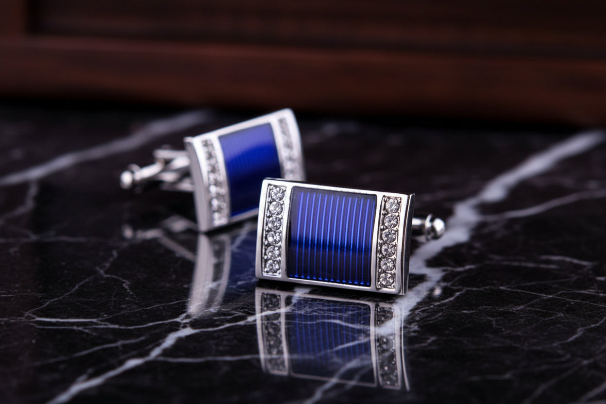 A Blue, Chrome Colored Rectangle Shape Gemstone Edge Cuff-links