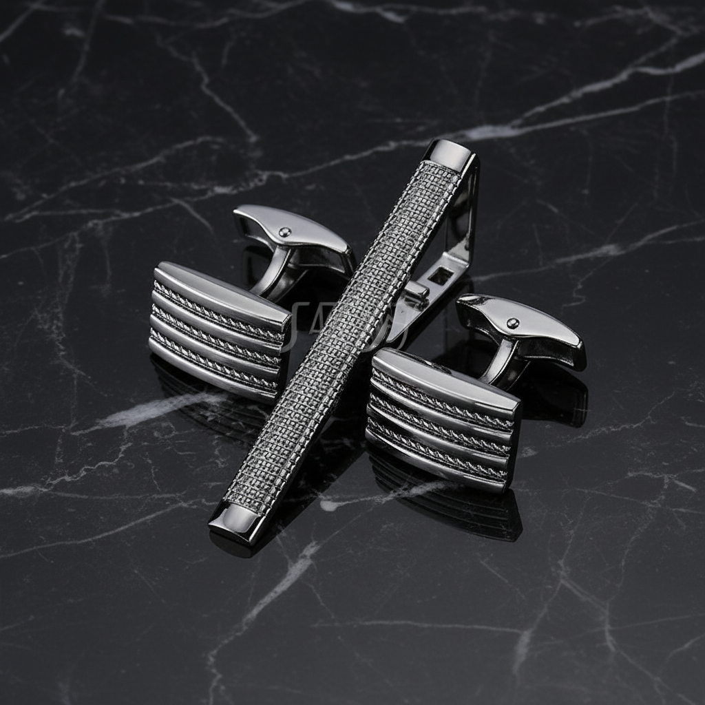 A Dark Chrome Rope Shape Tie Bar and Cuff-links Set