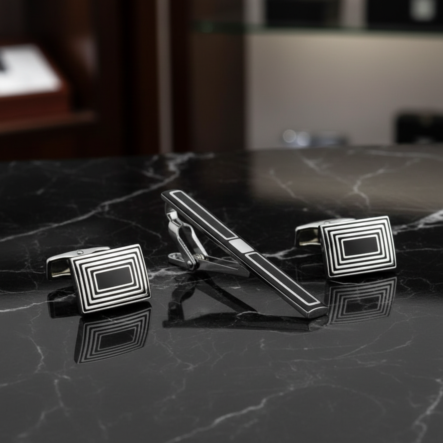 A Black, Chrome Colored Squares Pattern Tie Bar and Cuff-links