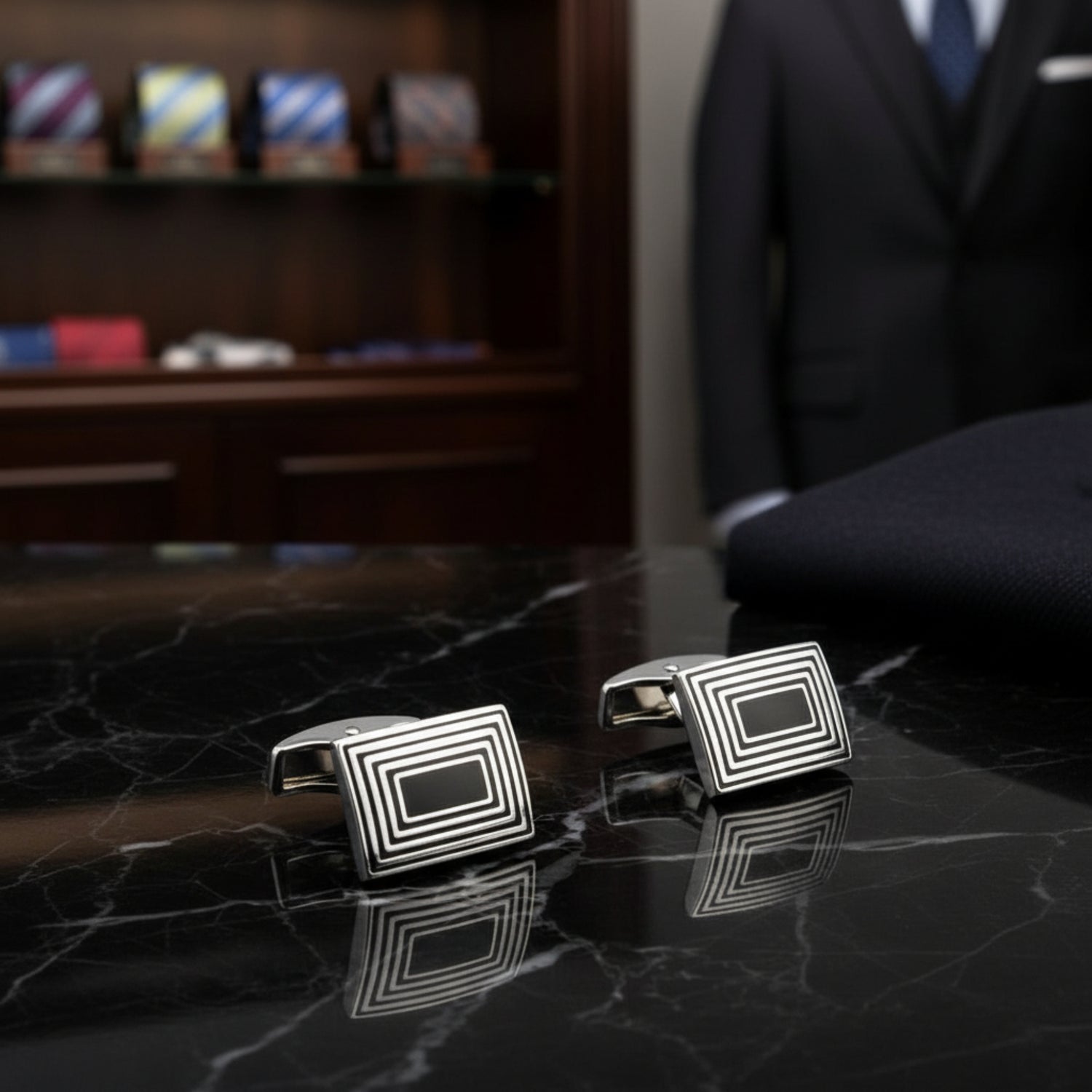 A Black, Chrome Colored Squares Pattern Cuff-links