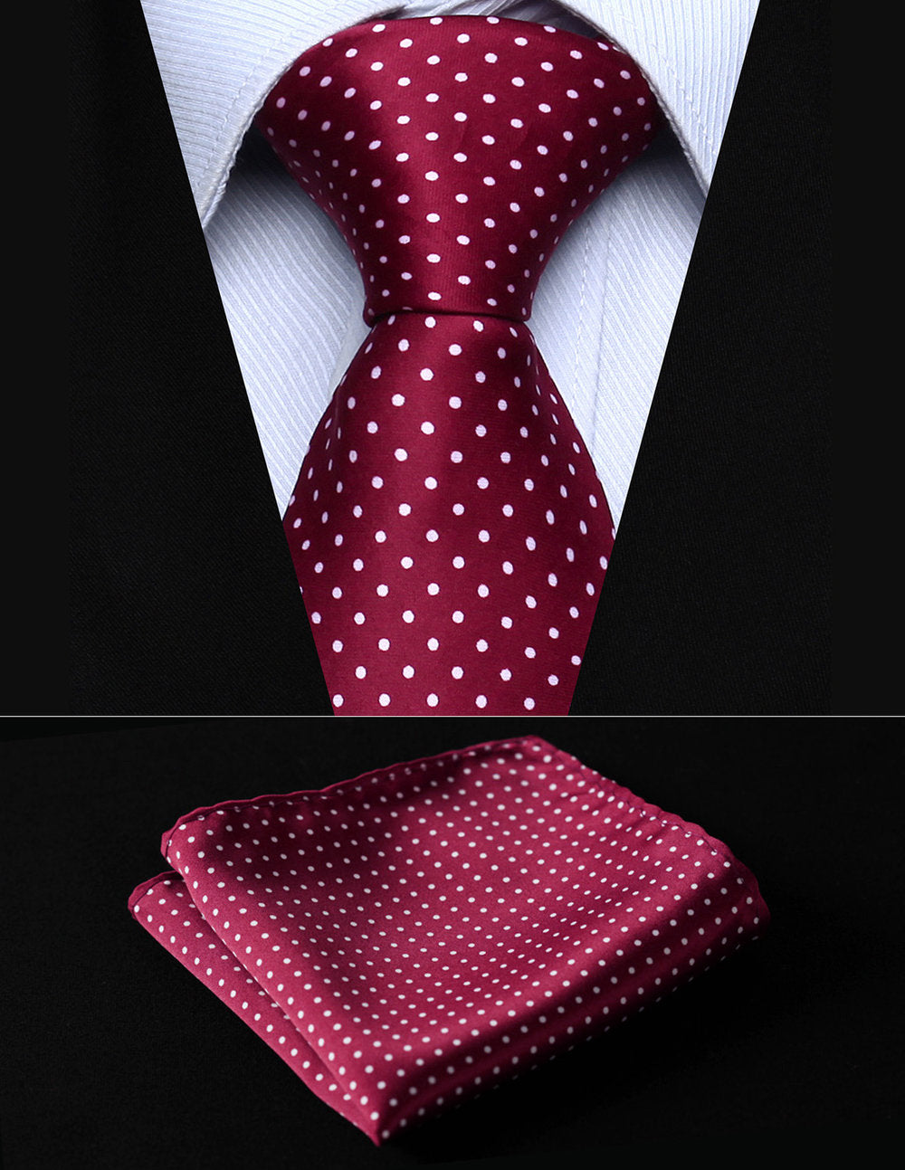 A Burgundy, White Polka Dot Pattern Necktie, Matching Pocket square