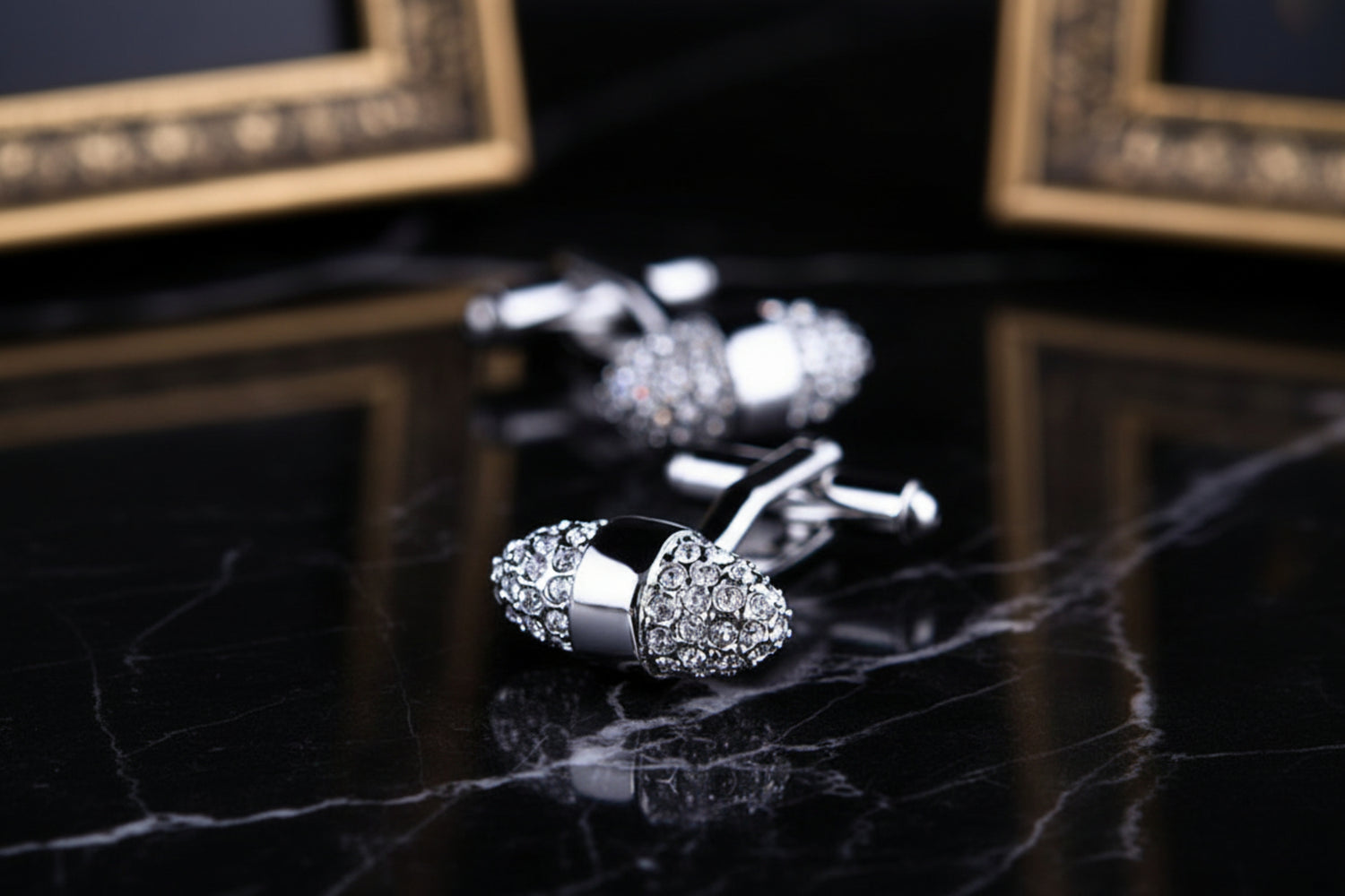 A Chrome and Clear Stone Color Cylinder Pine Cone Cuff-links