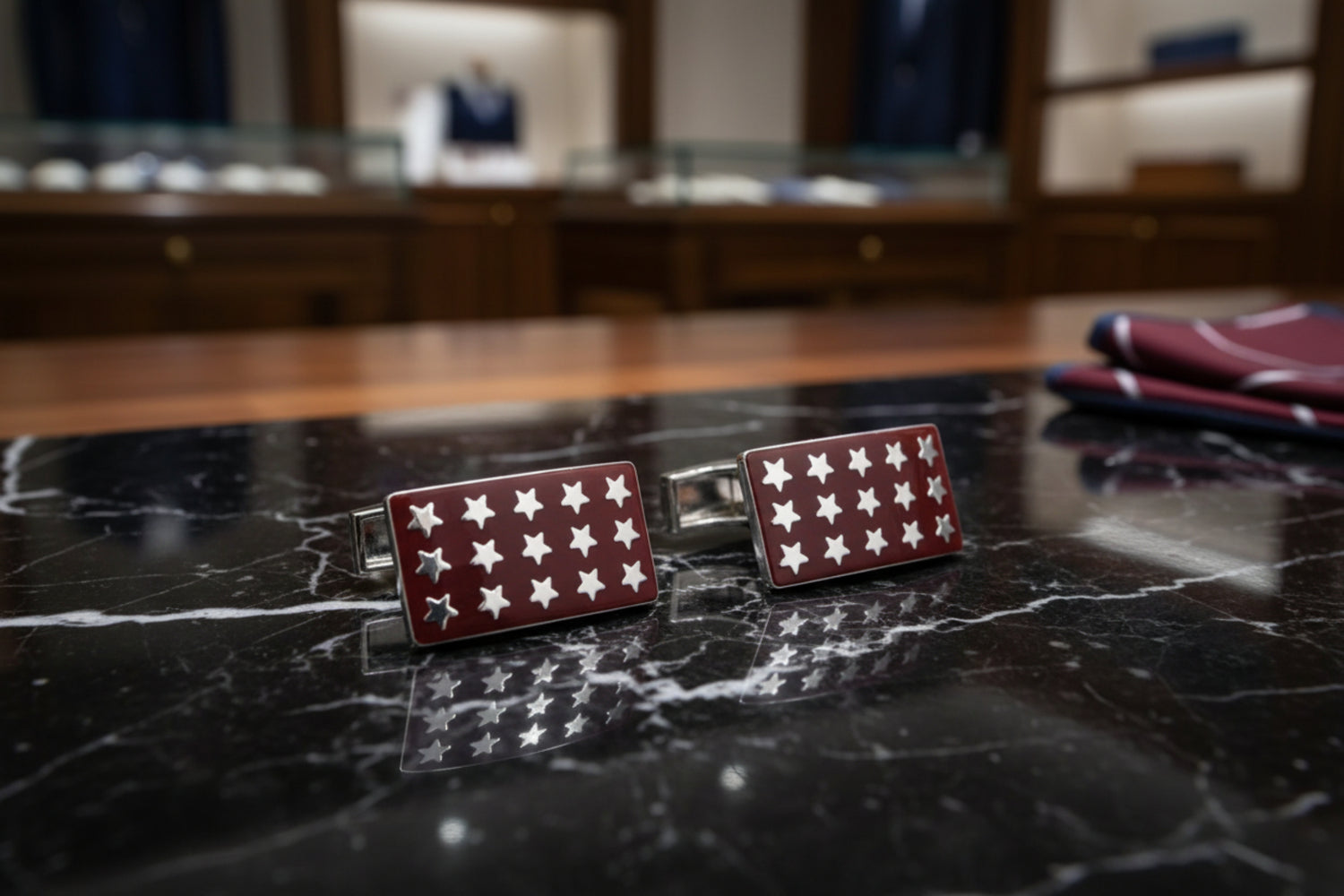A Mahogany, Chrome Color Rectangle Shape with Stars Pattern Cuff-links