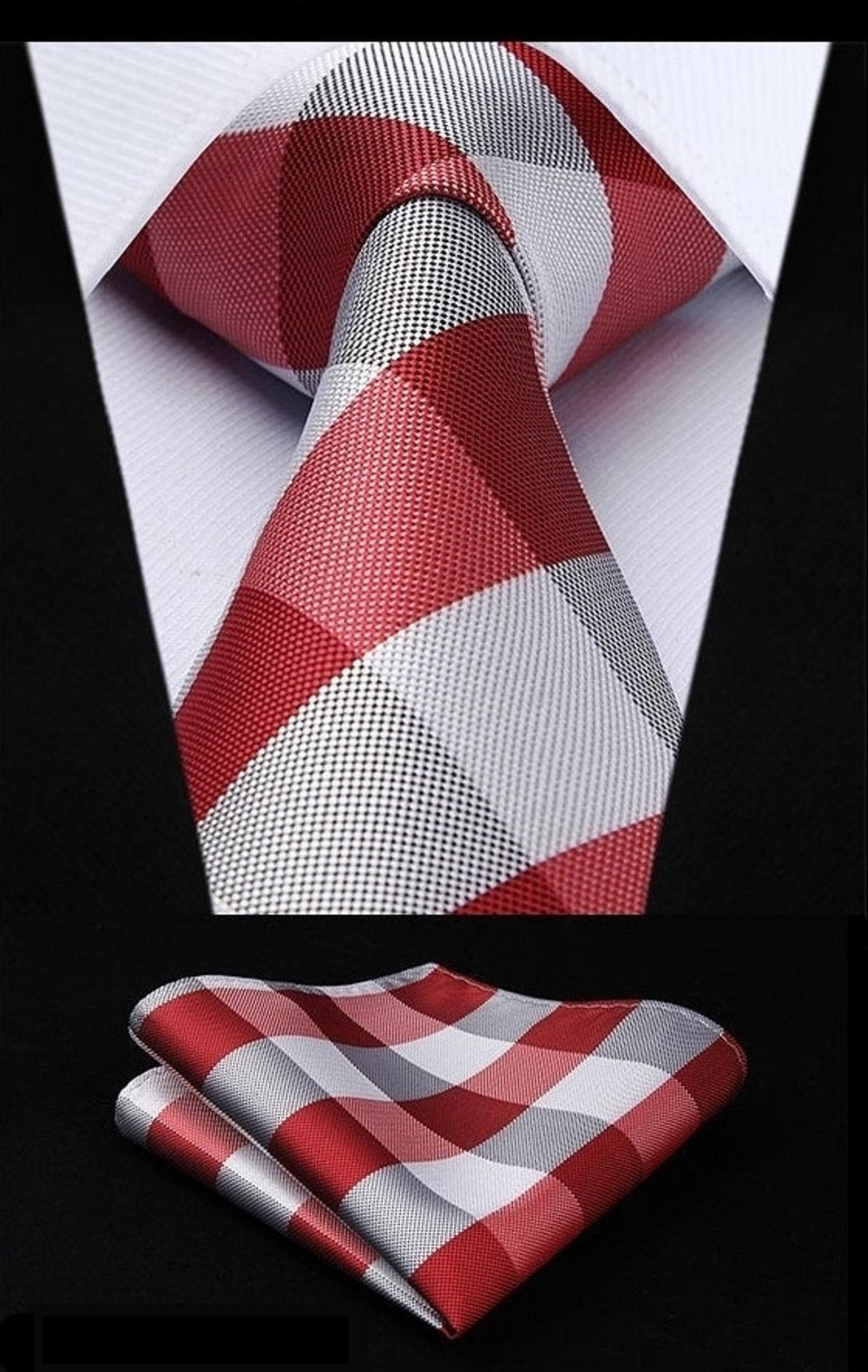 A Red, White Plaid Pattern Necktie, Matching Pocket Square