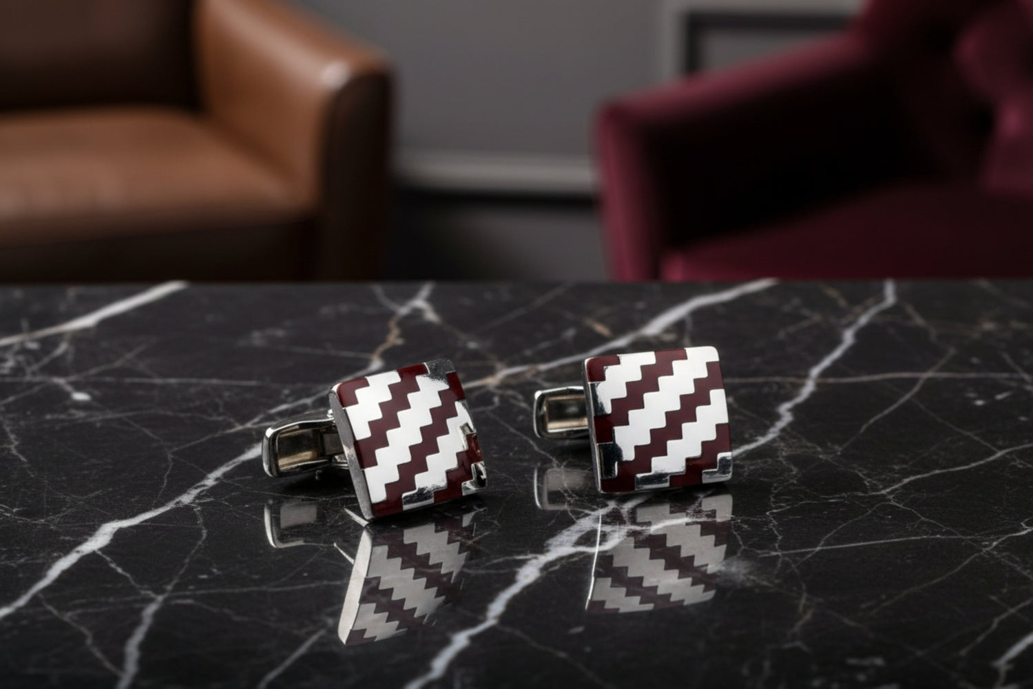 A Chrome, Mahogany Color Wavy Jagged Lines Cuff-links