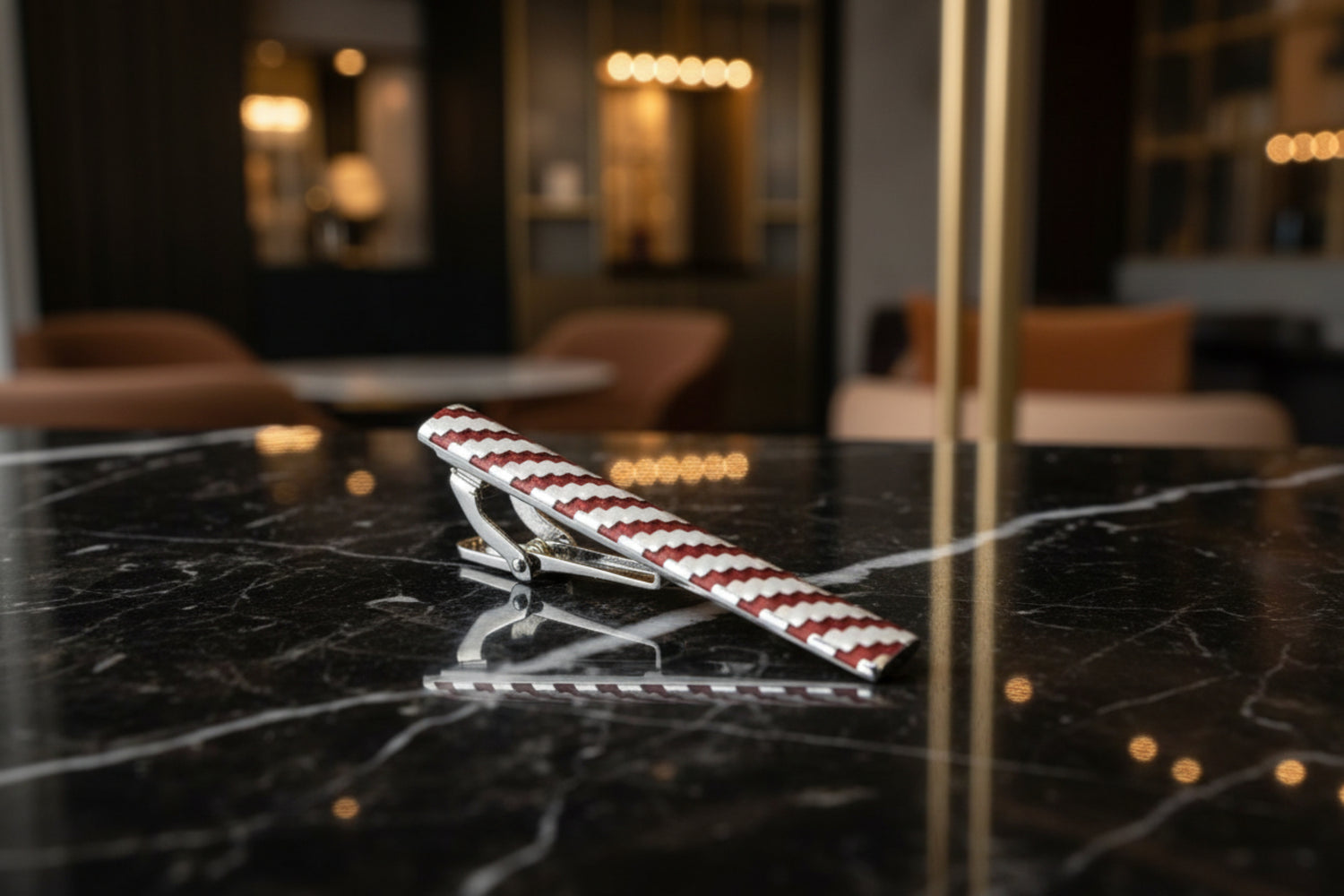 A Chrome, Mahogany Color Wavy Jagged Lines Tie Bar