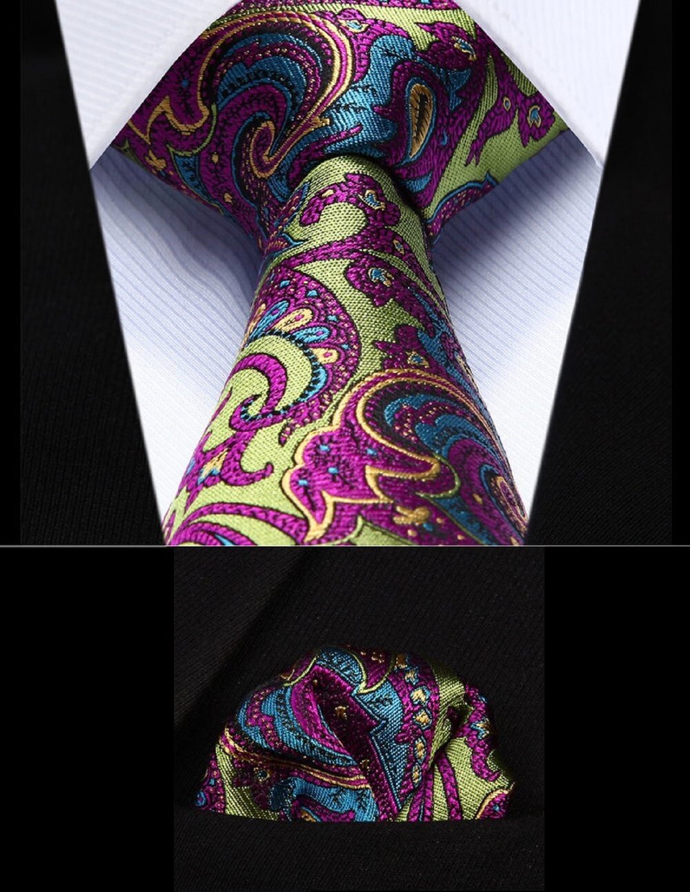 A Lime, Pink Intricate Paisley Pattern Necktie, Matching Pocket Square