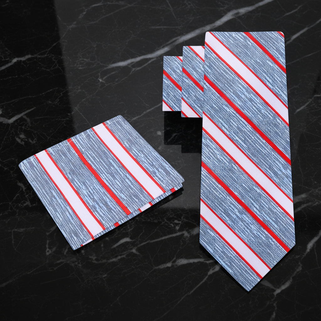 View 2:  Blue, Red Stripe Tie and Pocket Square