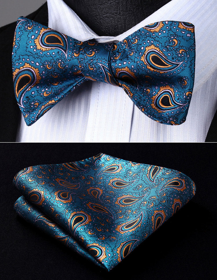 A Aqua, Orange Paisley Pattern Self Tie Bow Tie, Matching Pocket Square 
