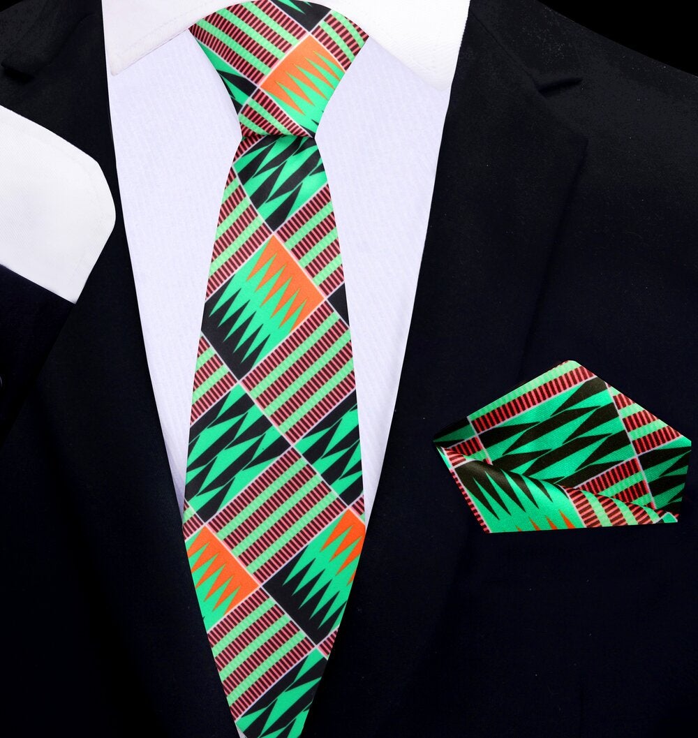  Orange, Green, Black abstract thin tie and square