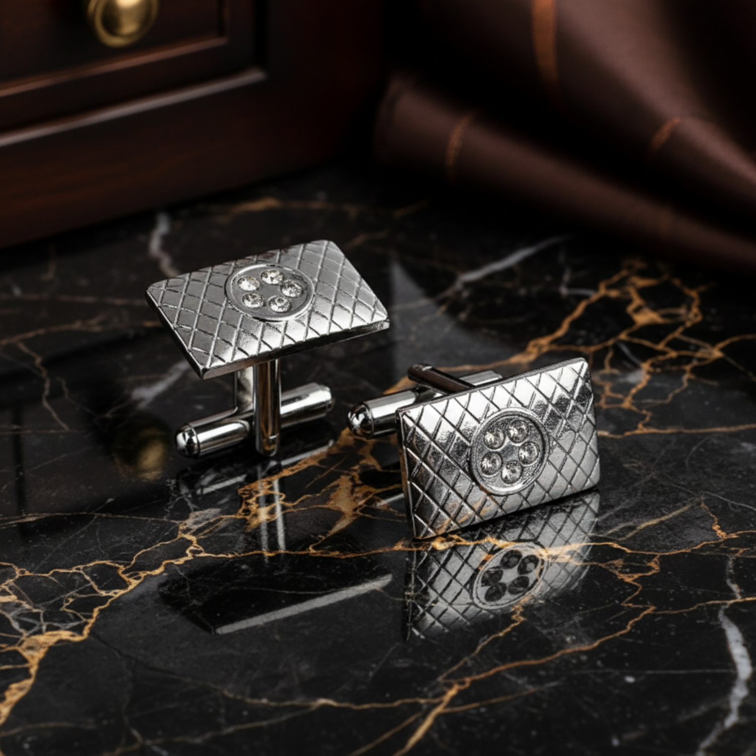 A Chrome Colored Rectangle Shape with Stones Cuff-links.