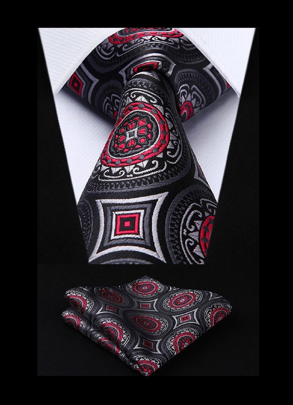 A Black, Red, Grey Abstract Circular Pattern Silk Necktie, Matching Pocket Square and Cuff-links.