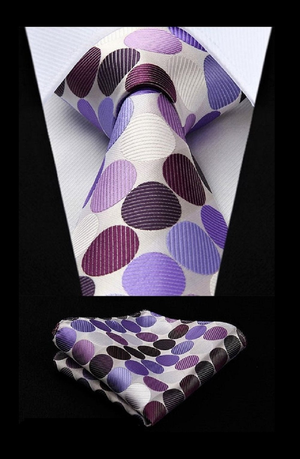 A White, Dark Purple, Purple Large Polka Dot Pattern Silk Necktie With Matching Pocket Square and Cuff-links