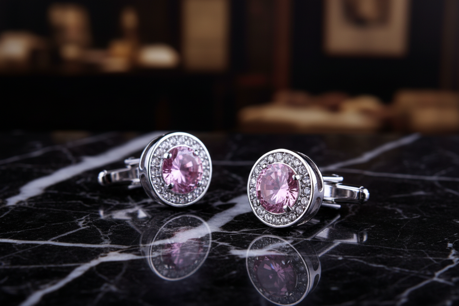 A Pink, Clear Stone Circular Shaped Pair of Cuff-links