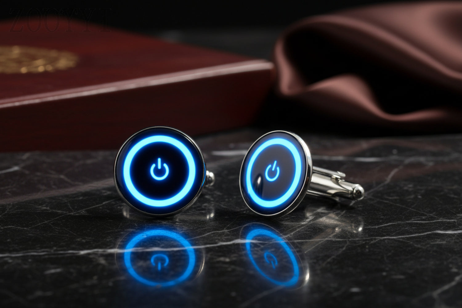 A Chrome, Laser Blue with Circle and Power Button Design Cuff-links||Laser Blue