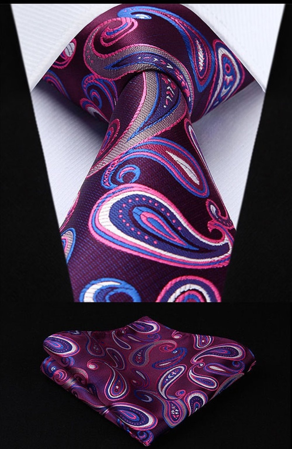A Purple, Blue Paisley Pattern Necktie, Matching Pocket Square Cuff-links
