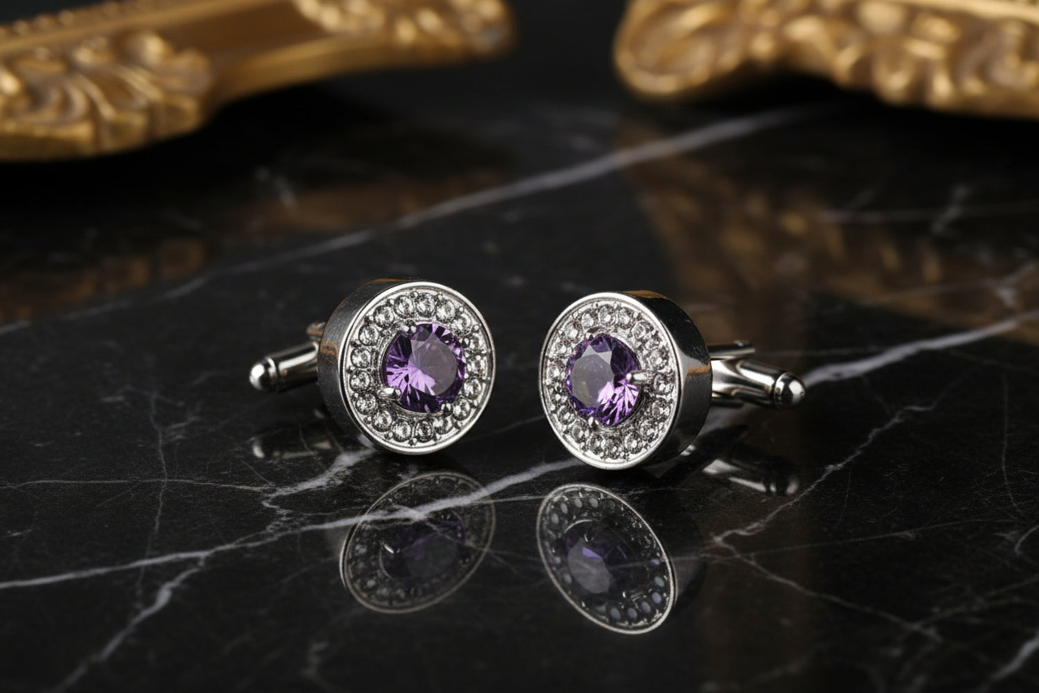 A Purple, Clear Stone Circular Shaped Pair of Cuff-links