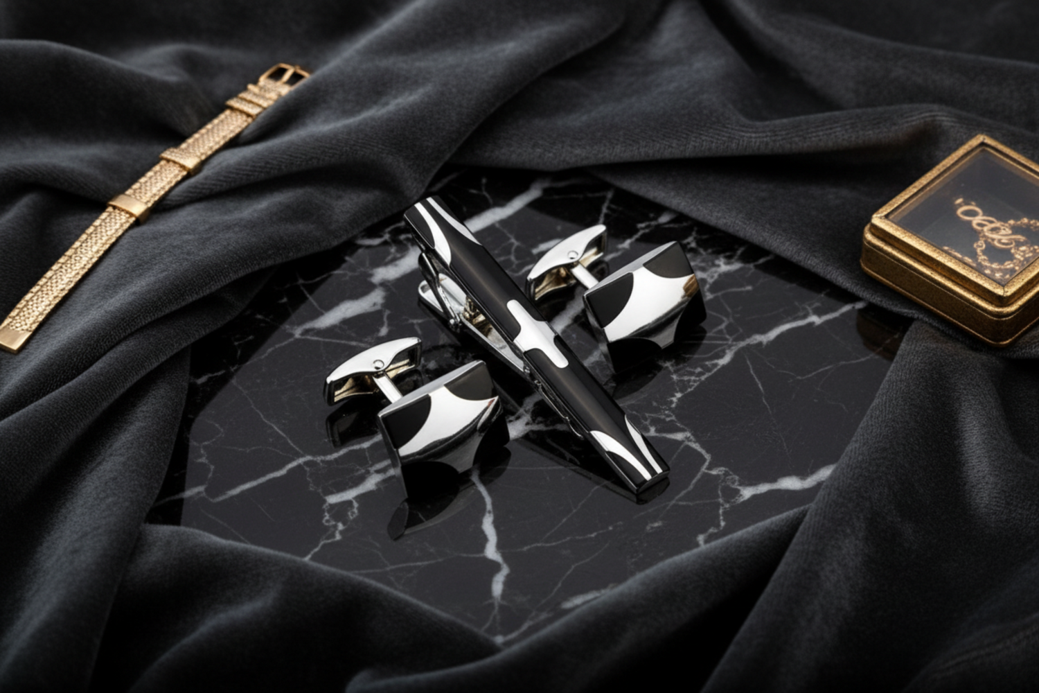 A Black, Chrome Colored X Shaped Tie Bar and Cuff-links
